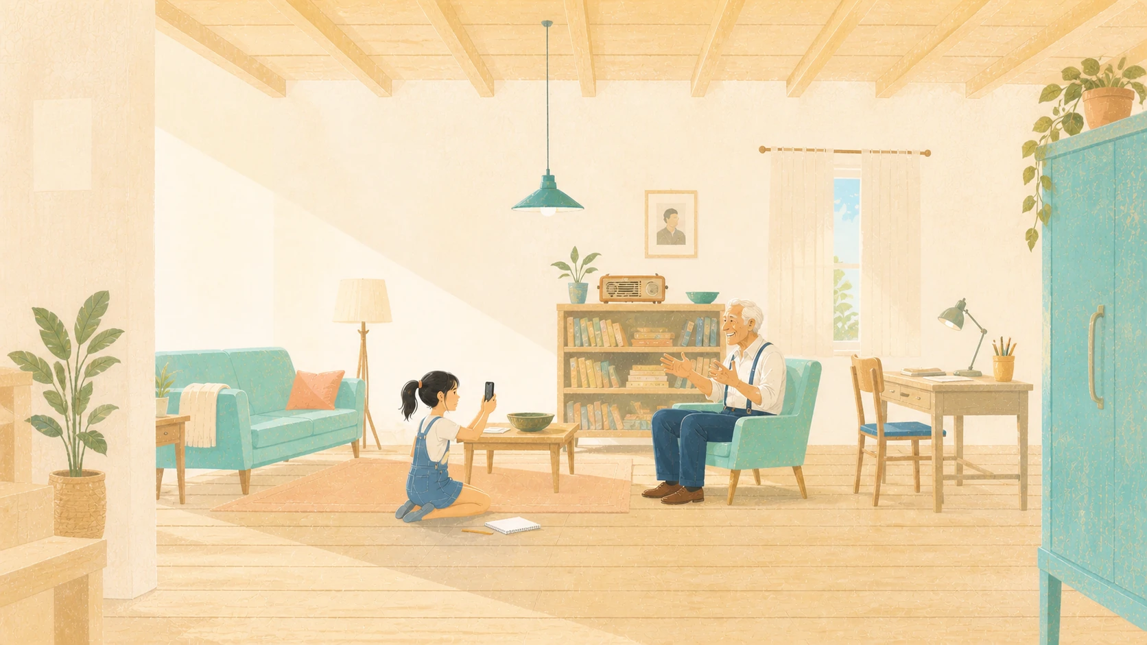 Julia graba a su abuelo mientras él cuenta una historia.