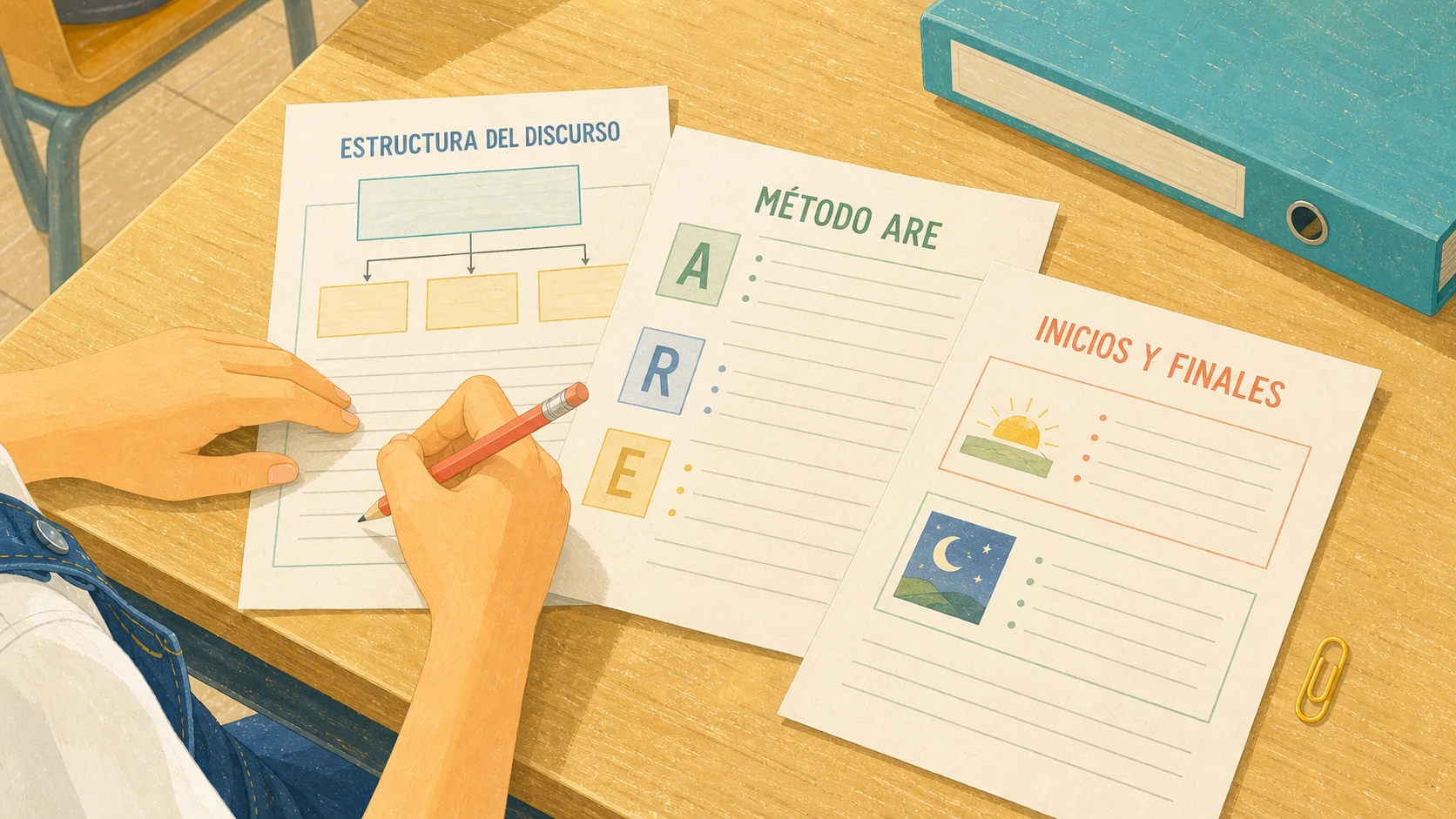 Primer plano de los folios de Julia: Estructura del discurso, Método ARE e Inicios y finales.