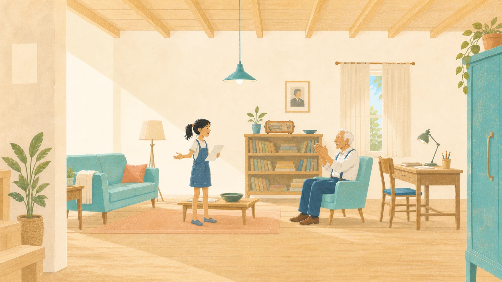 Julia ensaya en el salón y su abuelo aplaude antes de tiempo.