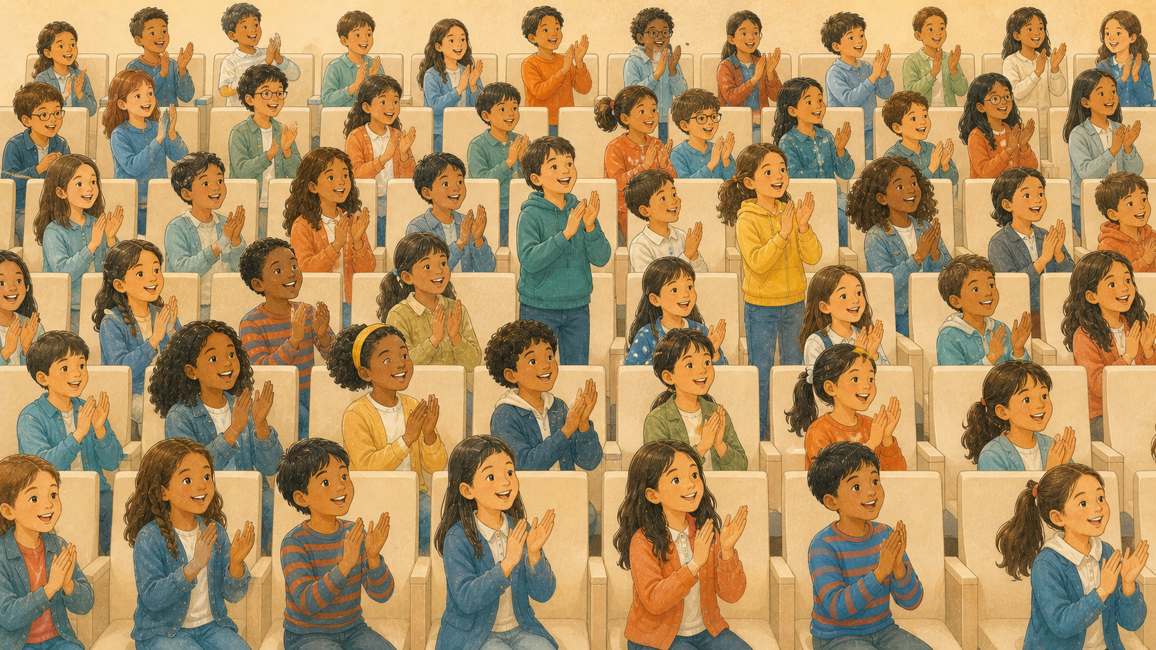 El auditorio lleno de escolares aplaude a Julia; algunos empiezan a levantarse de sus asientos.